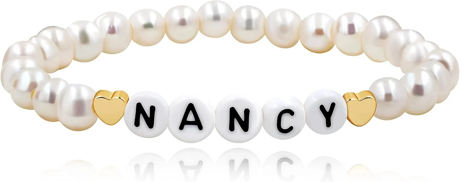 T Brand Personalized Name Bracelet, Natural Pearl/Afghan Jade/Aventurine Beaded Bracelets for Women