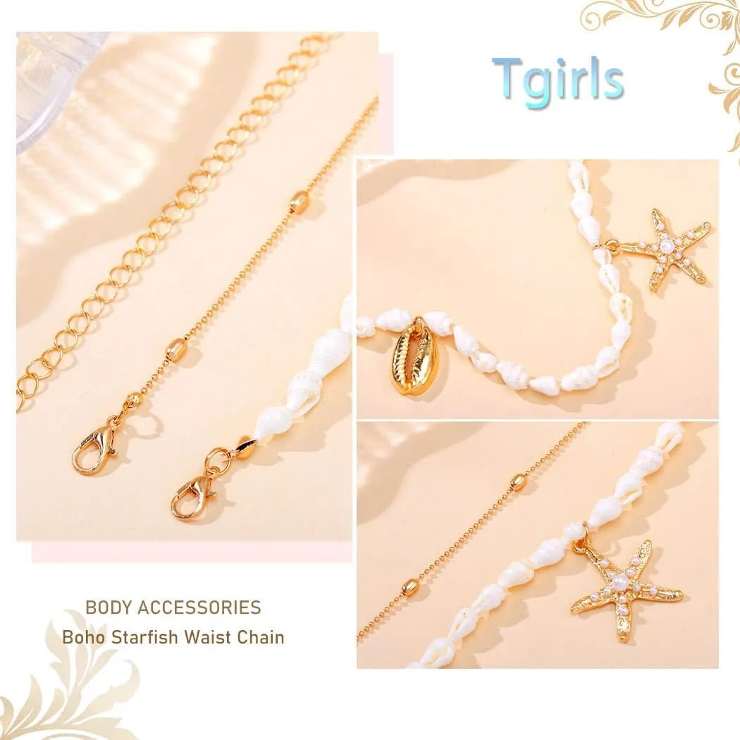 Tgirls Boho Starfish Waist Chain Conch Shell Belly Chains Gold Layered Body Chain Summer Beach Body Accessories for Women