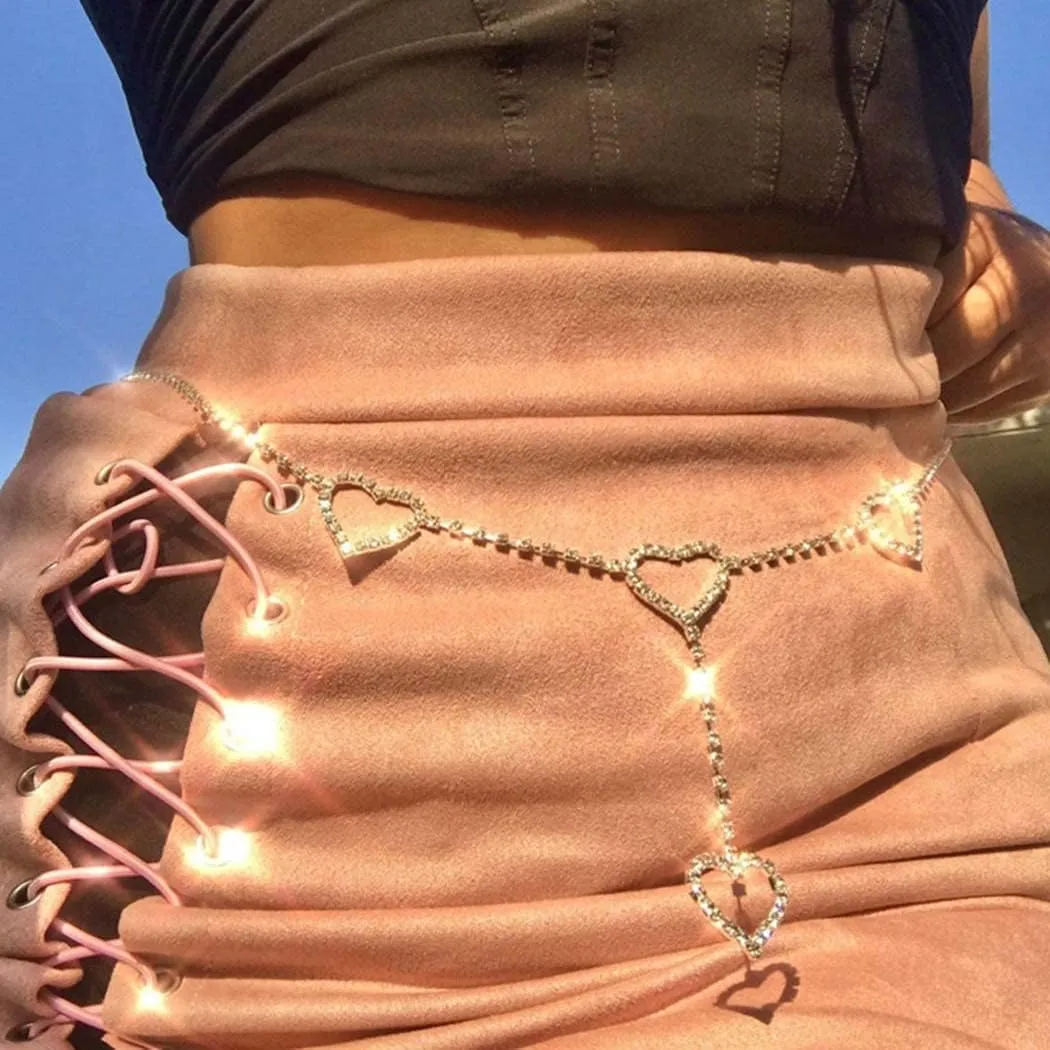 Tgirls Rhinestone Waist Chain Jewelry Sexy Silver Heart Belly Chains Layered Tassels Waist Body Chains Navel Button Ring Piercing Waist Chain Body Accessory for Women
