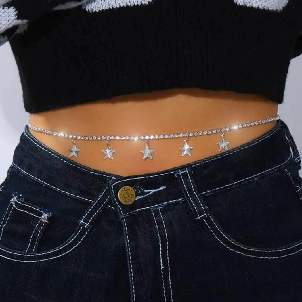 Tgirls Rhinestone Waist Chain Jewelry Sexy Silver Heart Belly Chains Layered Tassels Waist Body Chains Navel Button Ring Piercing Waist Chain Body Accessory for Women