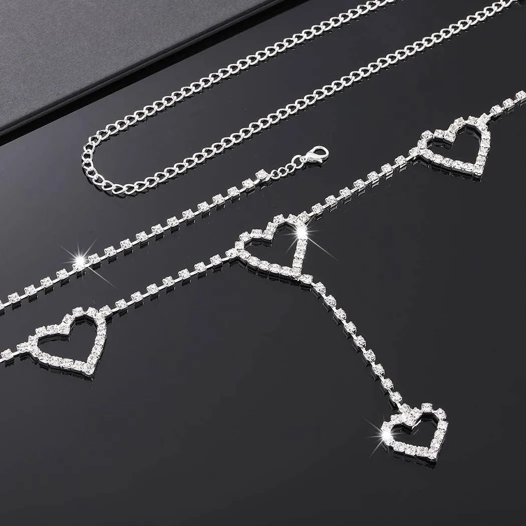 Tgirls Rhinestone Waist Chain Jewelry Sexy Silver Heart Belly Chains Layered Tassels Waist Body Chains Navel Button Ring Piercing Waist Chain Body Accessory for Women