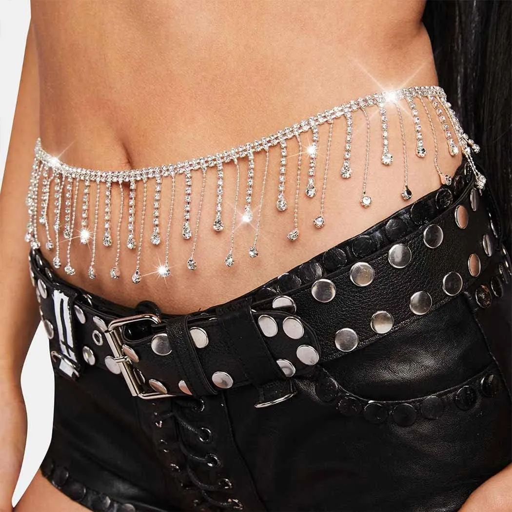 Tgirls Rhinestone Waist Chain Jewelry Sexy Silver Heart Belly Chains Layered Tassels Waist Body Chains Navel Button Ring Piercing Waist Chain Body Accessory for Women