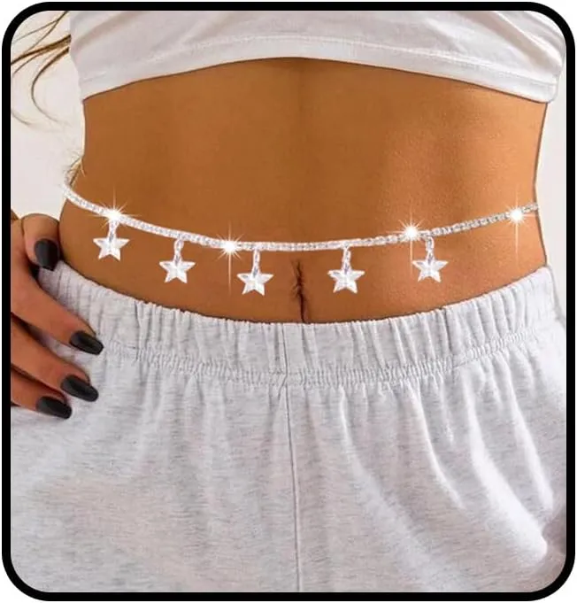 Tgirls Rhinestone Waist Chain Jewelry Sexy Silver Heart Belly Chains Layered Tassels Waist Body Chains Navel Button Ring Piercing Waist Chain Body Accessory for Women