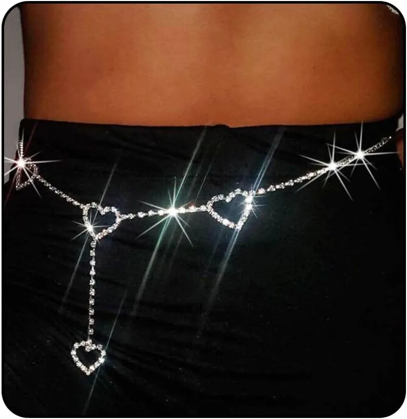 Tgirls Rhinestone Waist Chain Jewelry Sexy Silver Heart Belly Chains Layered Tassels Waist Body Chains Navel Button Ring Piercing Waist Chain Body Accessory for Women