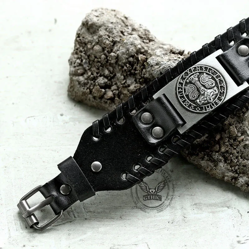 Thor’s Hammer Runes Alloy Leather Viking Bracelet