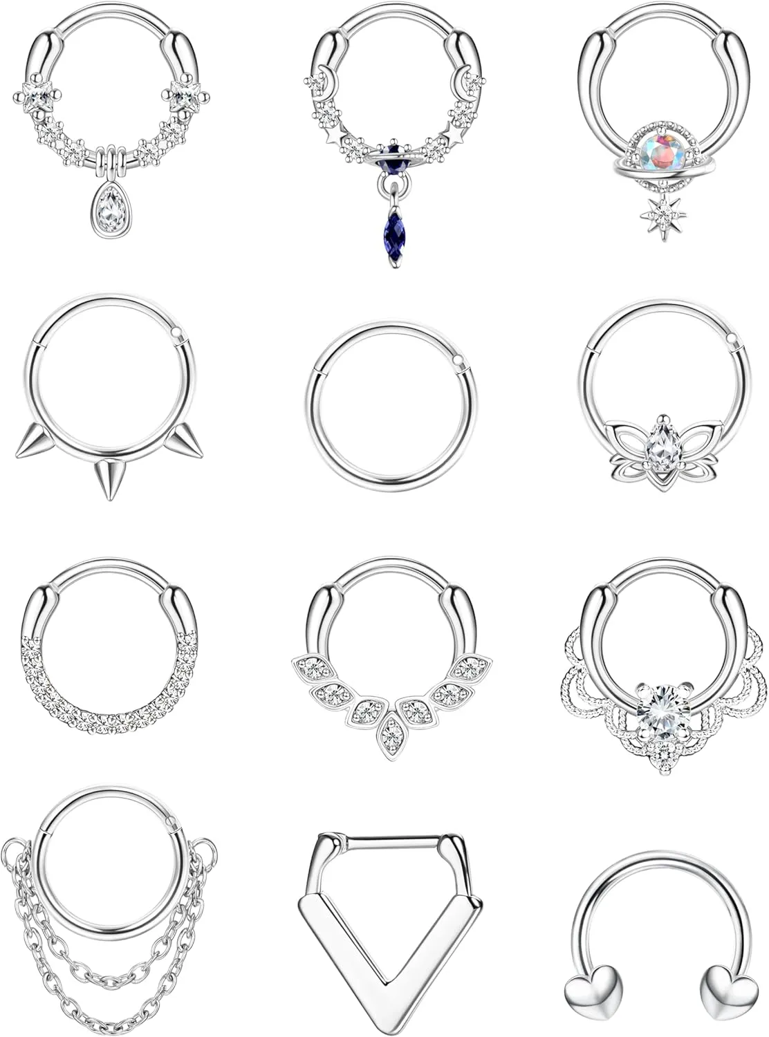 THUNARAZ 16G Septum Rings for Women Men Surgical Steel Septum Jewelry Clicker Hinged Nose Rings Hoop Daith Piercing Jewelry Silver Tone