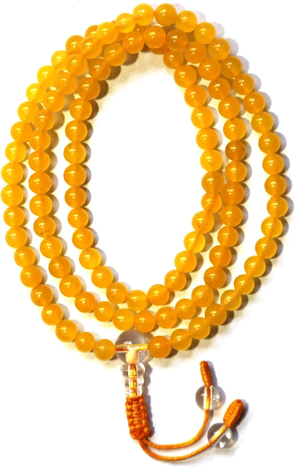 Tibetan Yellow Jade Buddhist Prayer mala with Crystal guru Bead, 108 Bead (6.5 MM)