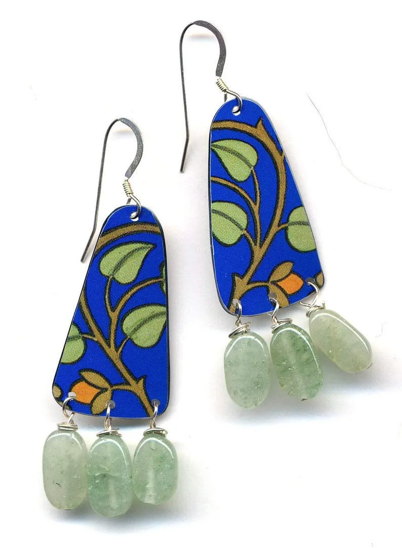 Tin Sterling Silver Green Jade Earrings, Blue Recycled tin Floral Earrings, Lightweight and Big Tin Chandelier Earrings