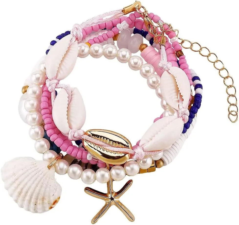 Todu Beach Bracelets Imitation Pearl Beaded Starfish Shell Bracelets Boho Summer Hawaii Vacation Jewelry for Women