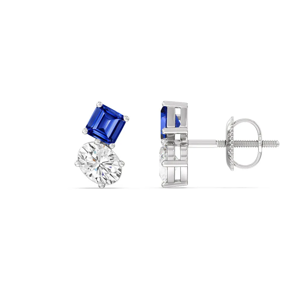 Toi Et Moi Created Sapphire Square Emerald and Oval Diamond Stud Earrings