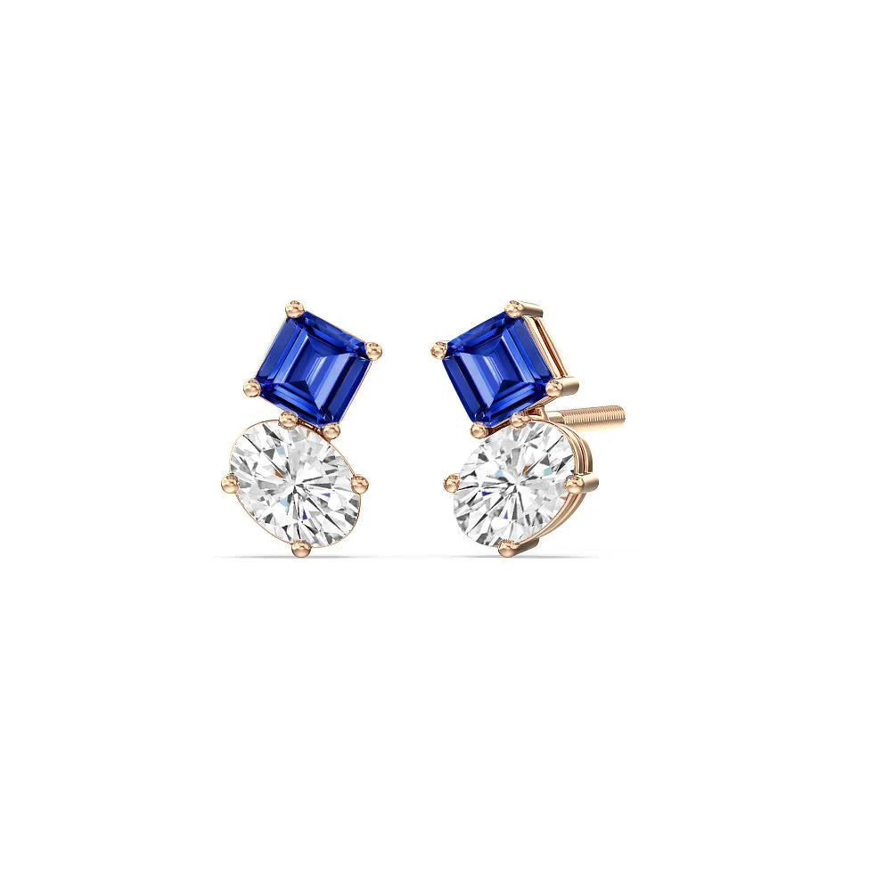 Toi Et Moi Created Sapphire Square Emerald and Oval Diamond Stud Earrings
