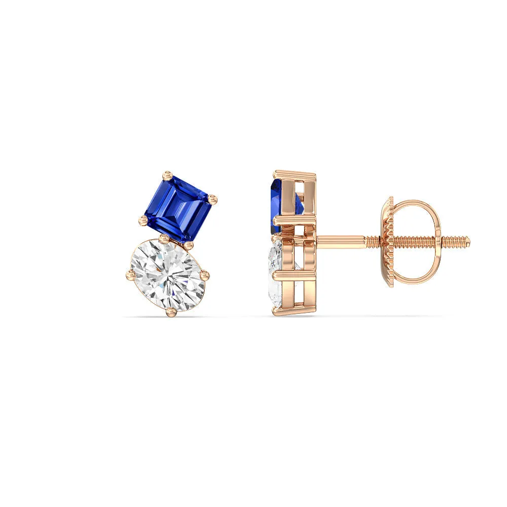 Toi Et Moi Created Sapphire Square Emerald and Oval Diamond Stud Earrings