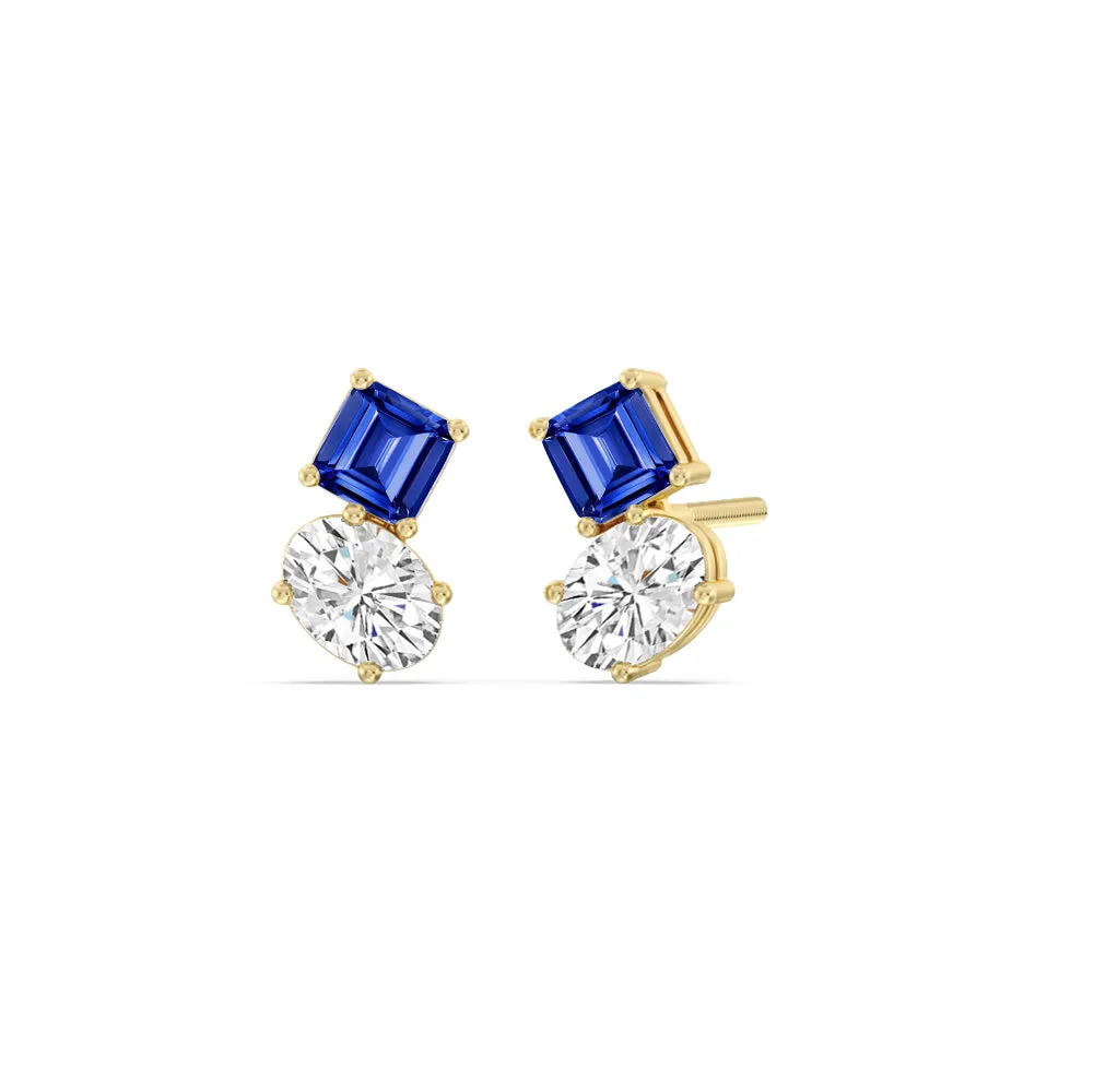 Toi Et Moi Created Sapphire Square Emerald and Oval Diamond Stud Earrings