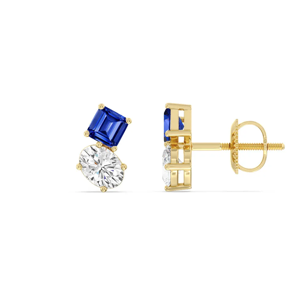 Toi Et Moi Created Sapphire Square Emerald and Oval Diamond Stud Earrings