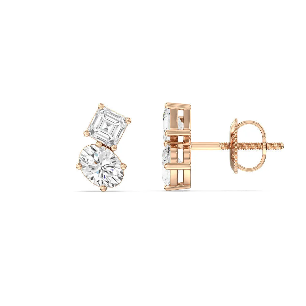 Toi Et Moi Square Emerald and Oval Diamond Stud Earrings