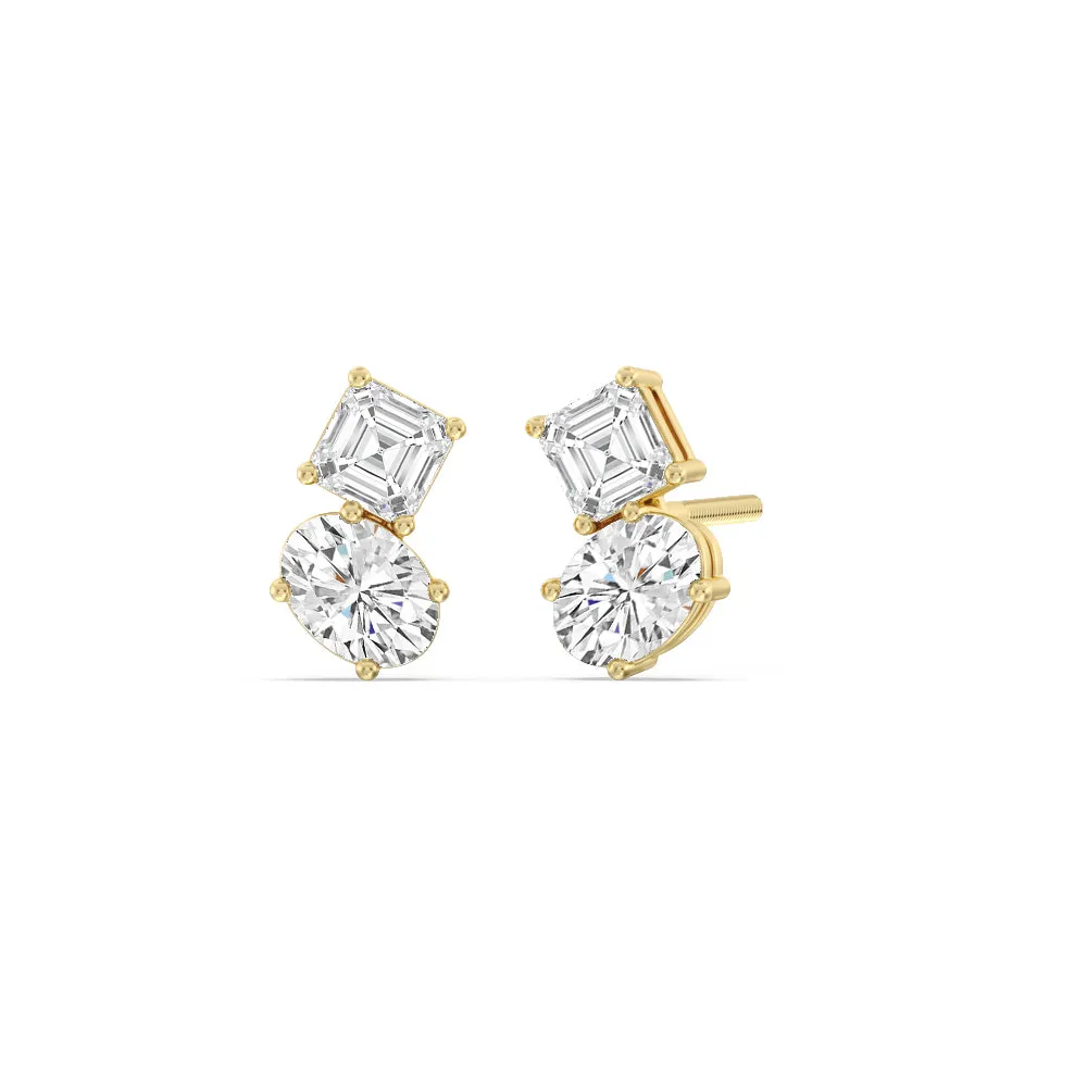 Toi Et Moi Square Emerald and Oval Diamond Stud Earrings