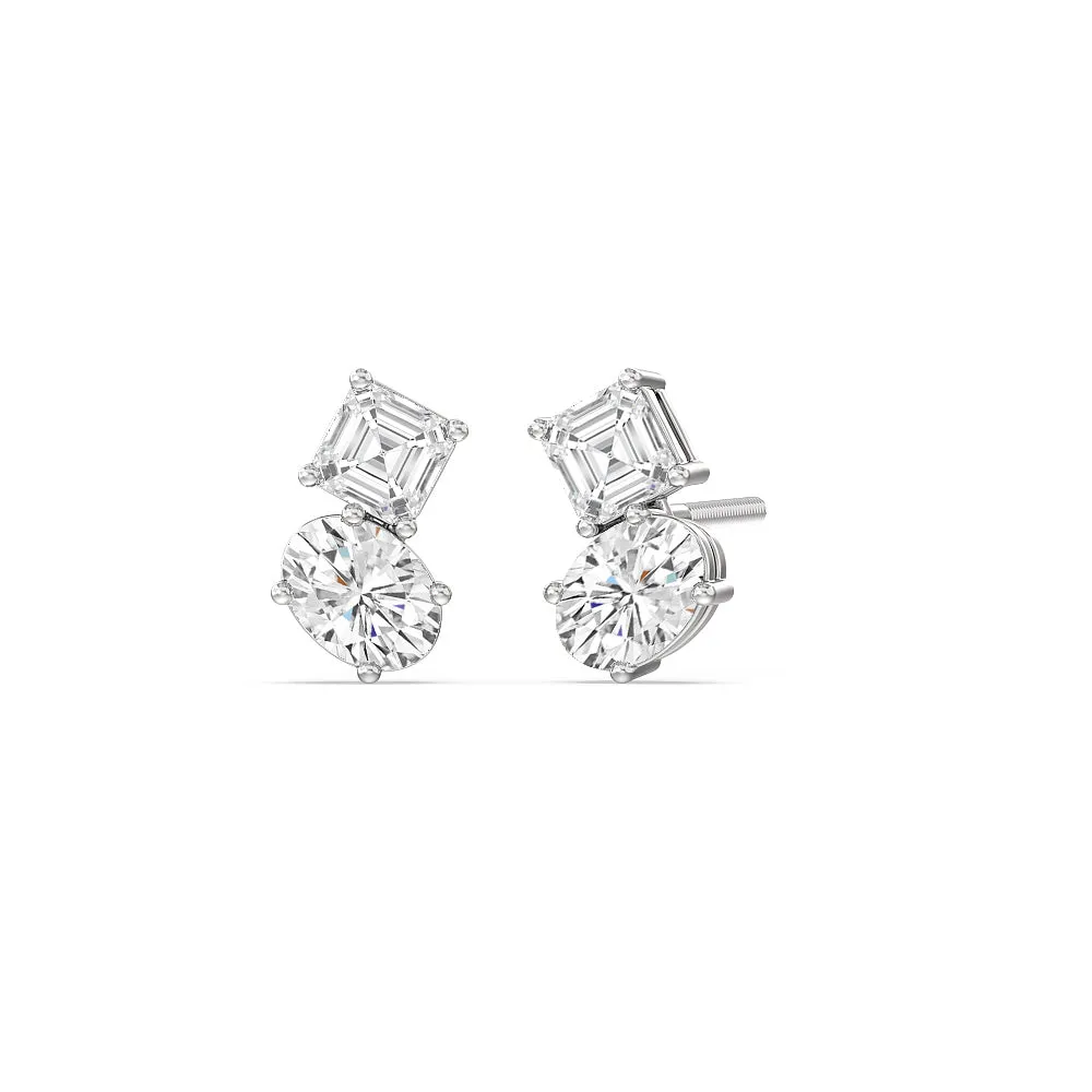 Toi Et Moi Square Emerald and Oval Diamond Stud Earrings