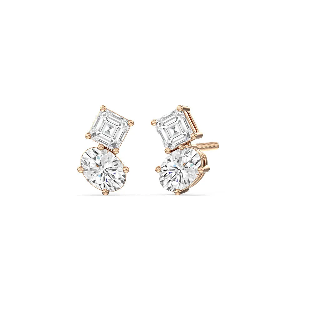 Toi Et Moi Square Emerald and Oval Diamond Stud Earrings