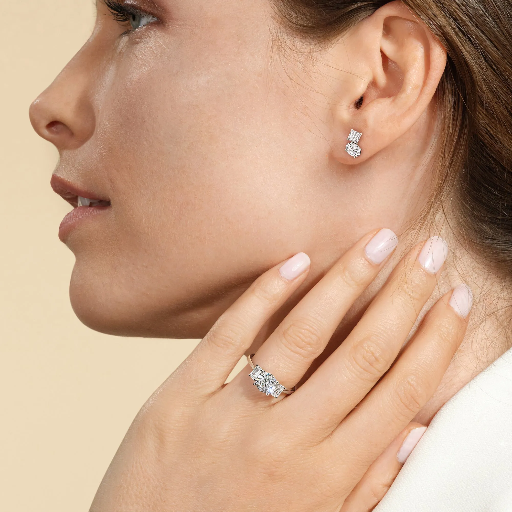 Toi Et Moi Square Emerald and Oval Diamond Stud Earrings
