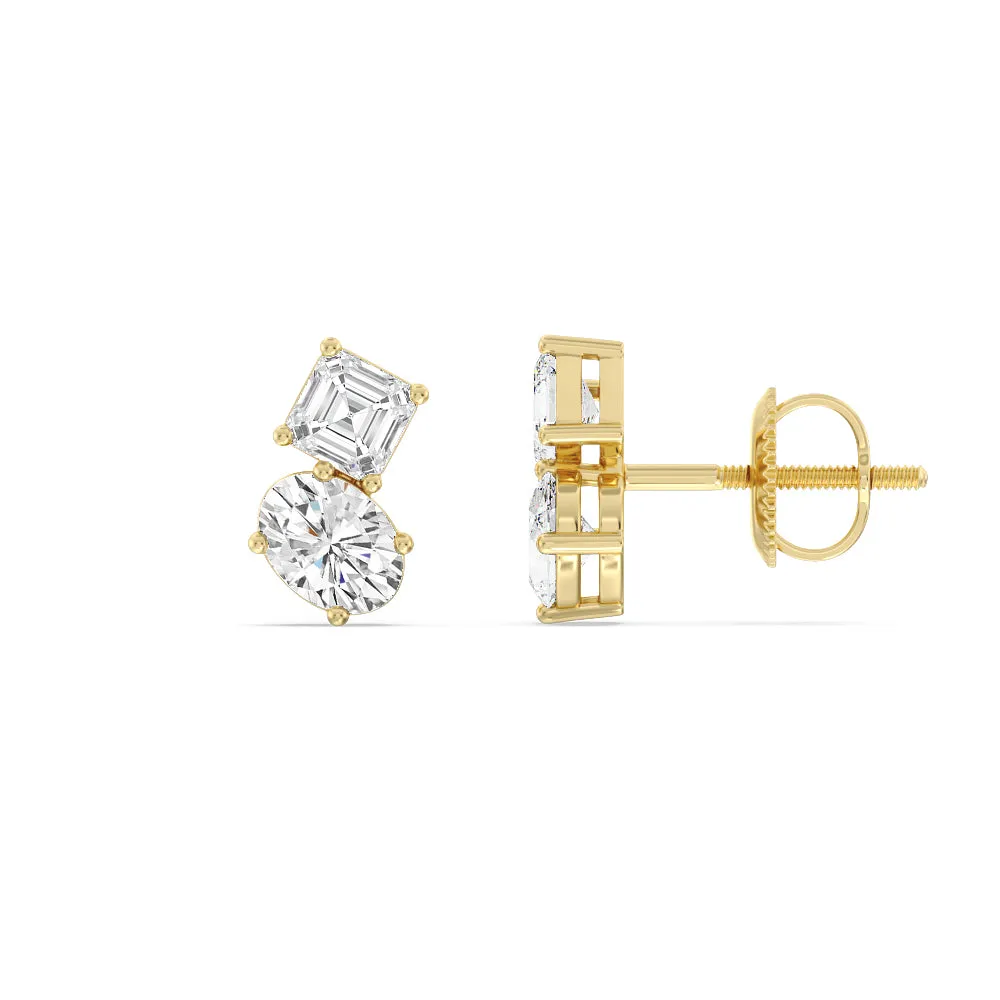Toi Et Moi Square Emerald and Oval Diamond Stud Earrings