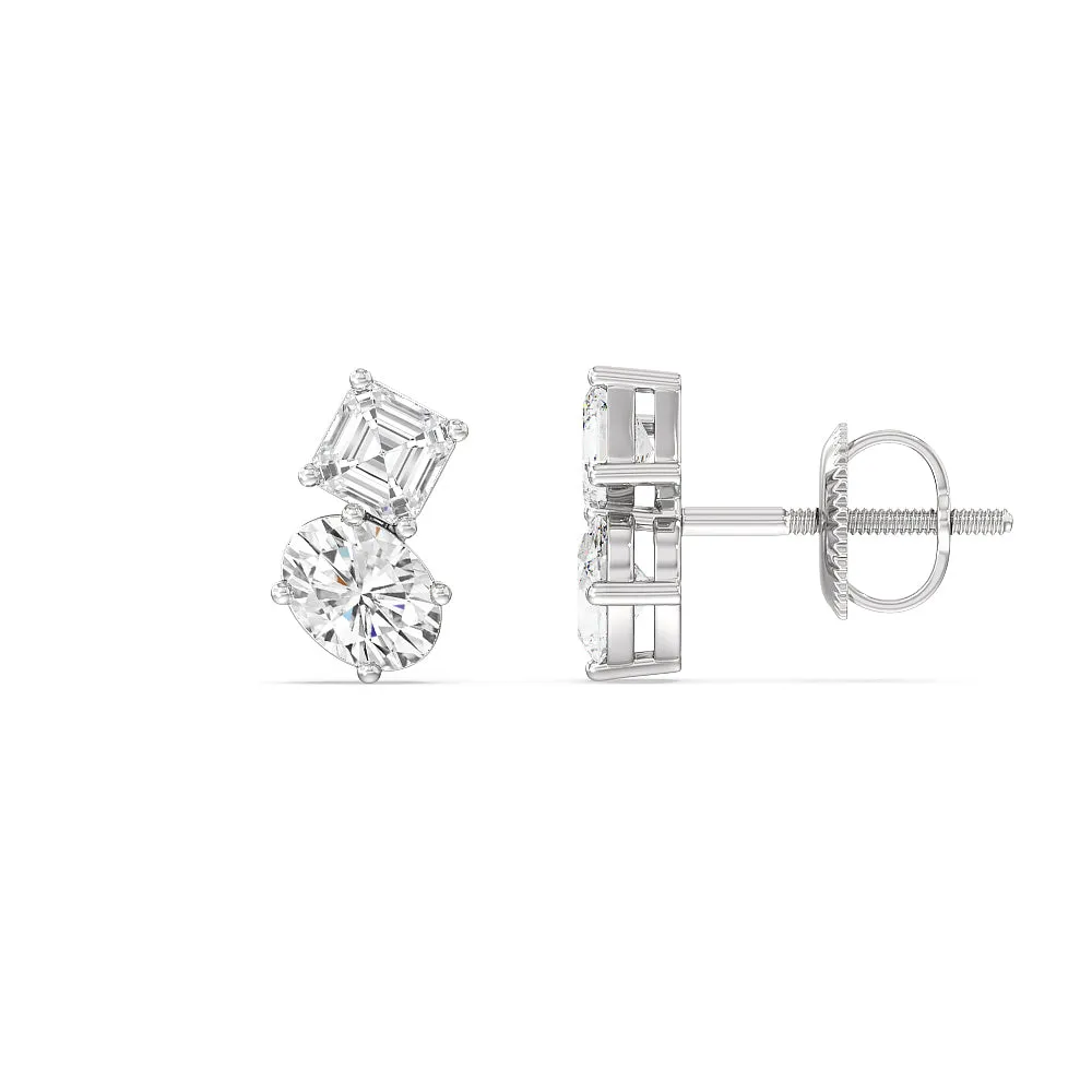 Toi Et Moi Square Emerald and Oval Diamond Stud Earrings