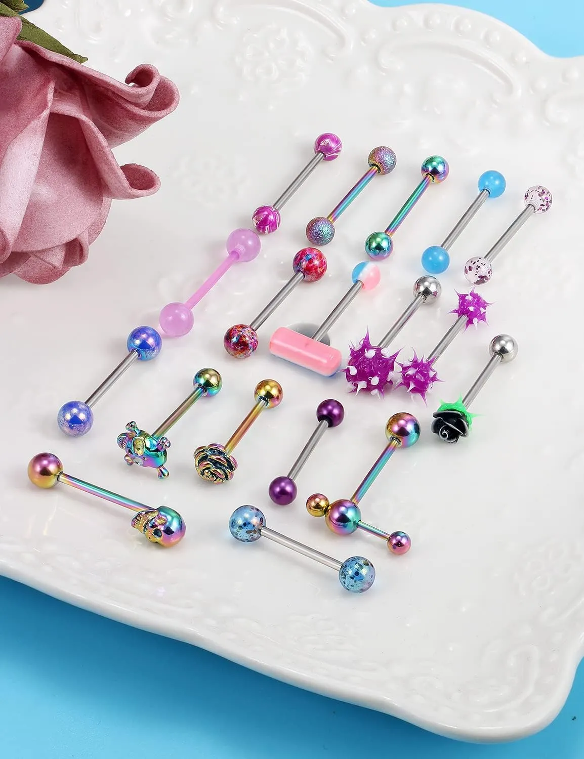 Tongue Rings: Surgical Steel, 14G Piercing Jewelry - Dark Flower, Glow-In-The-Dark Skull, 5/8" (16MM) Rainbow Glitter T-Shape Tongue Ring
