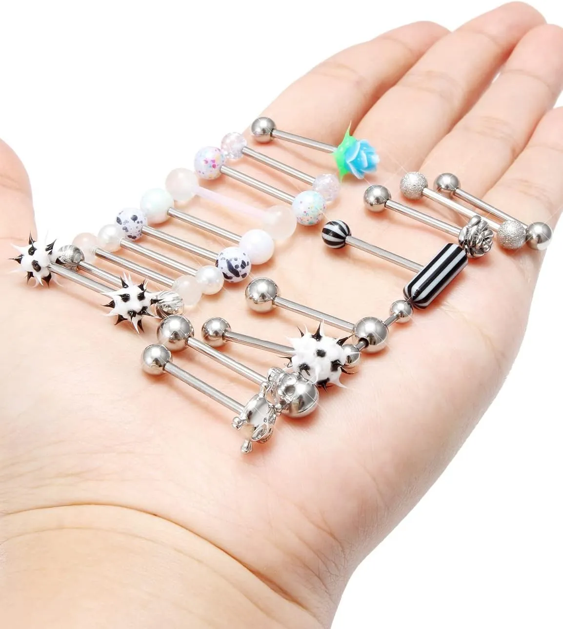 Tongue Rings: Surgical Steel, 14G Piercing Jewelry - Dark Flower, Glow-In-The-Dark Skull, 5/8" (16MM) Rainbow Glitter T-Shape Tongue Ring