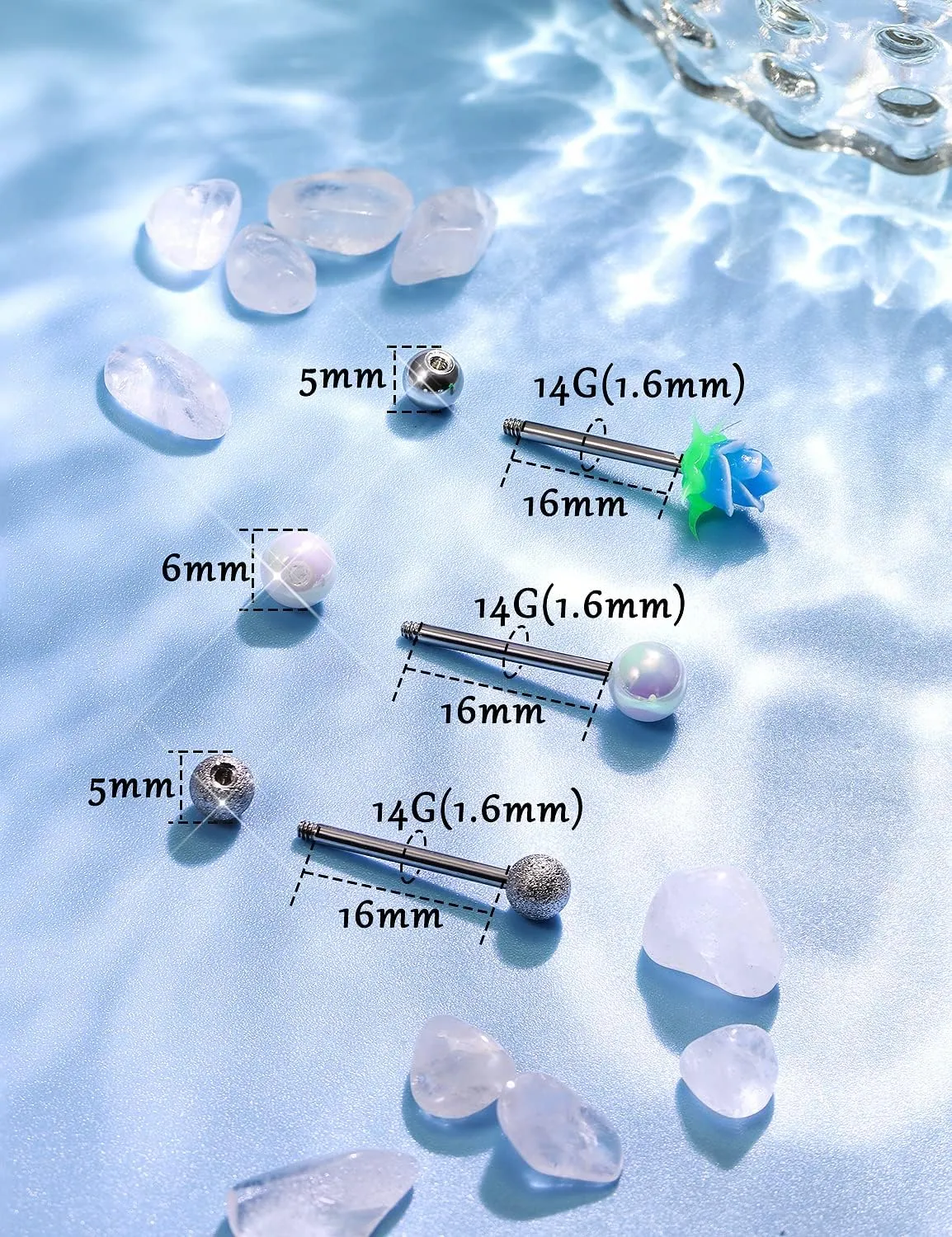 Tongue Rings: Surgical Steel, 14G Piercing Jewelry - Dark Flower, Glow-In-The-Dark Skull, 5/8" (16MM) Rainbow Glitter T-Shape Tongue Ring