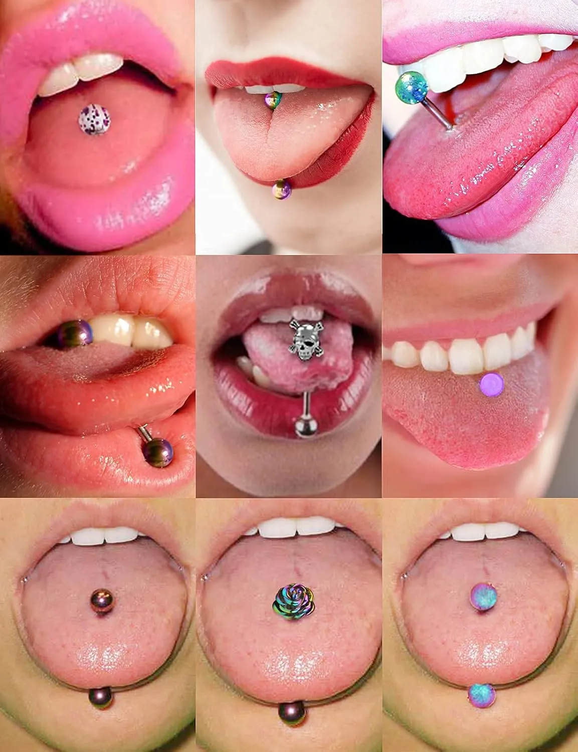Tongue Rings: Surgical Steel, 14G Piercing Jewelry - Dark Flower, Glow-In-The-Dark Skull, 5/8" (16MM) Rainbow Glitter T-Shape Tongue Ring