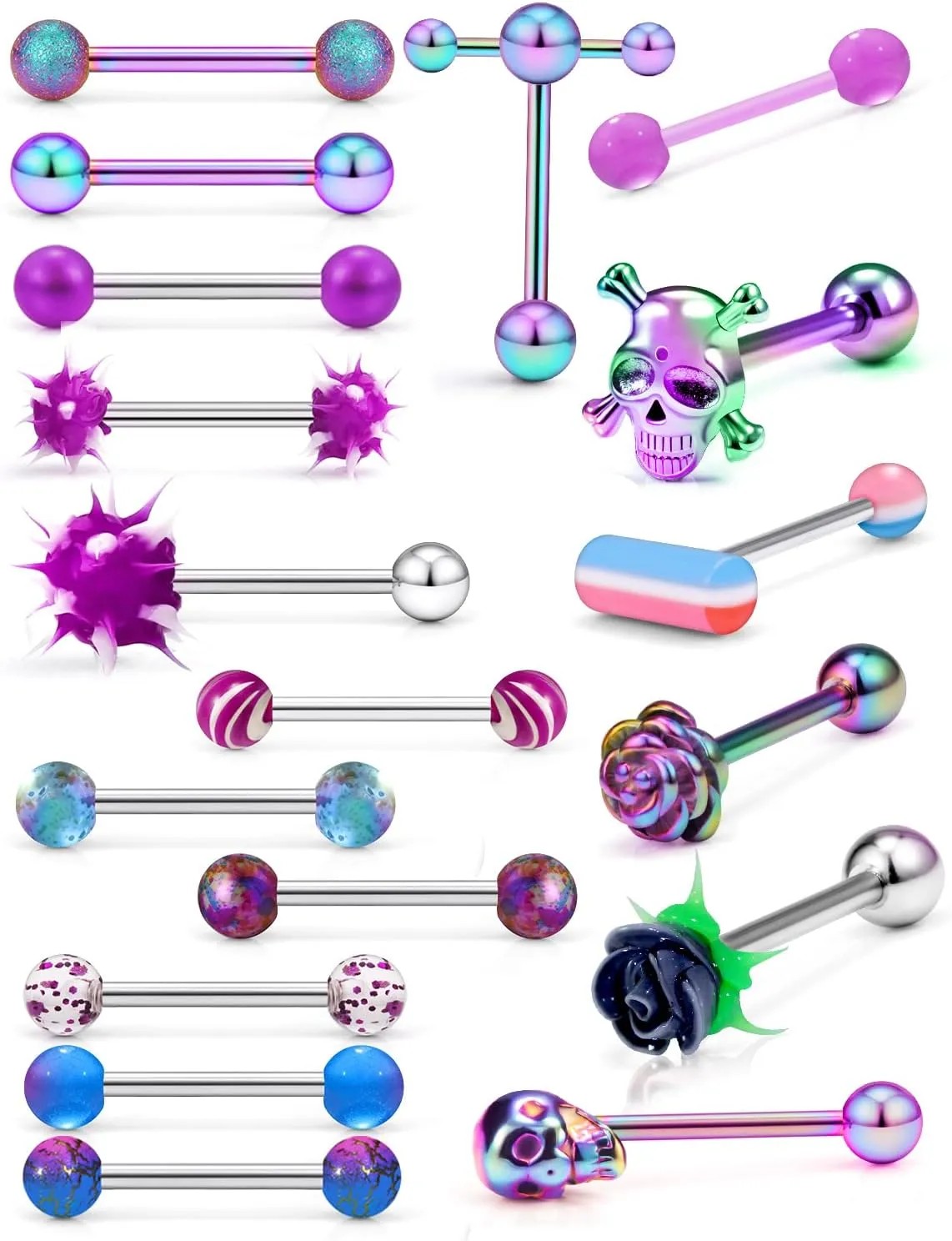 Tongue Rings: Surgical Steel, 14G Piercing Jewelry - Dark Flower, Glow-In-The-Dark Skull, 5/8" (16MM) Rainbow Glitter T-Shape Tongue Ring