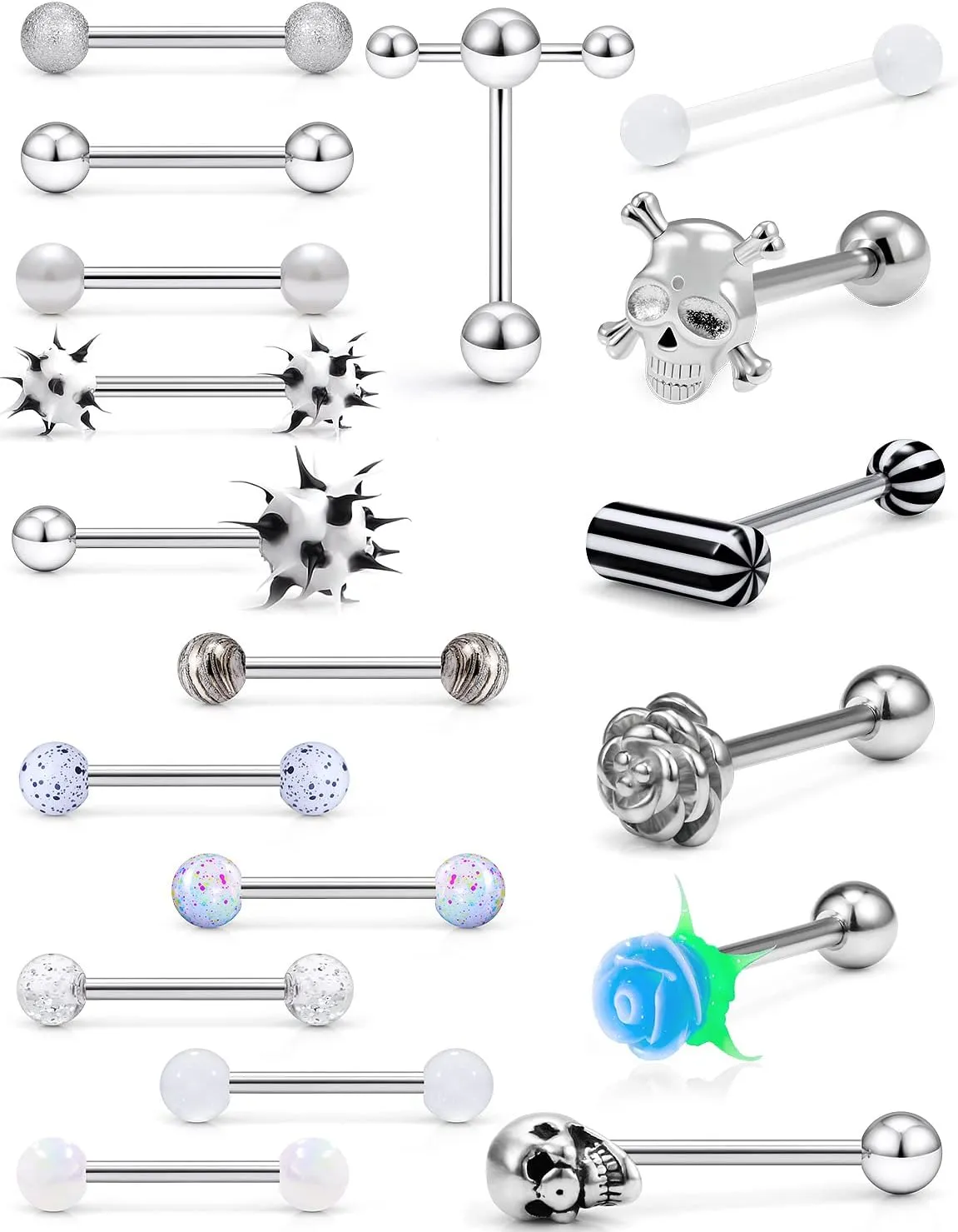 Tongue Rings: Surgical Steel, 14G Piercing Jewelry - Dark Flower, Glow-In-The-Dark Skull, 5/8" (16MM) Rainbow Glitter T-Shape Tongue Ring