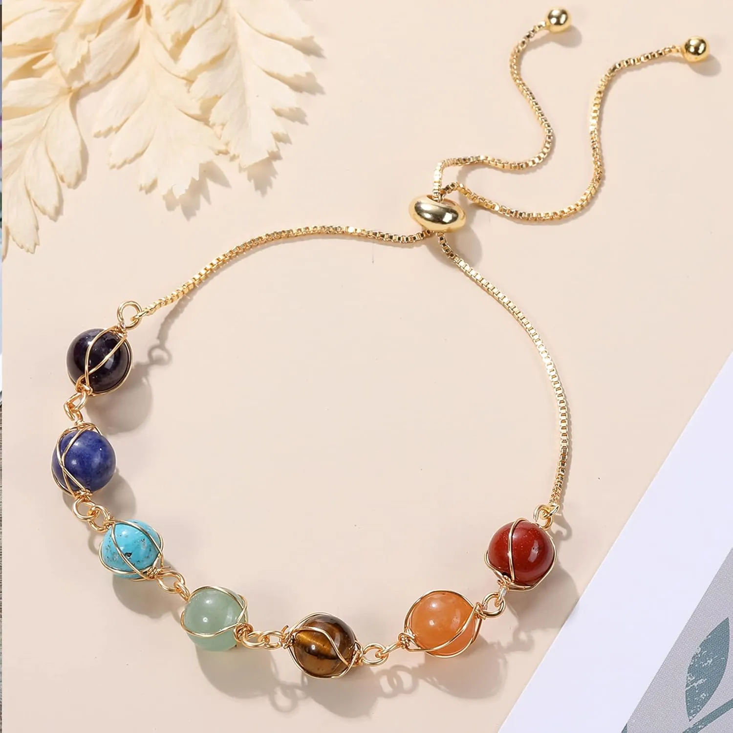 Top Plaza 7 Chakra Bracelet Healing Crystal Stone Bead Ankle Bracelets Adjustable 14K Gold Plated Bracelets for Women Ladies Birthday Gifts Mom Gifts