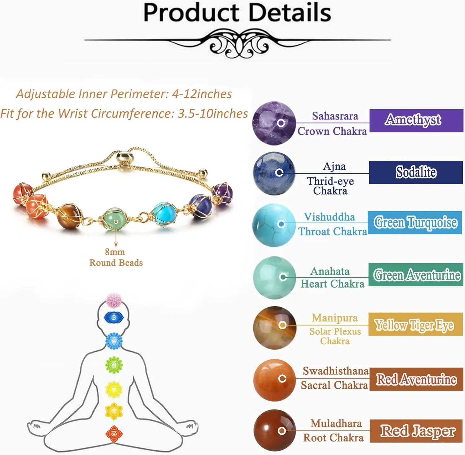 Top Plaza 7 Chakra Bracelet Healing Crystal Stone Bead Ankle Bracelets Adjustable 14K Gold Plated Bracelets for Women Ladies Birthday Gifts Mom Gifts