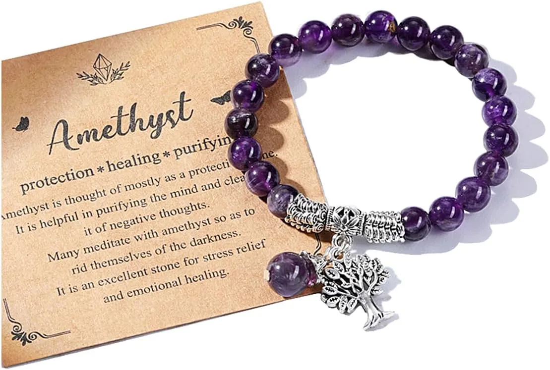 Top Plaza Natural Amethyst Crystal Bracelets for Women Men 8mm Handmade Gemstone Beaded Bracelet Healing Crystal Yoga Stretch Bracelets Purple Jewelry Gifts
