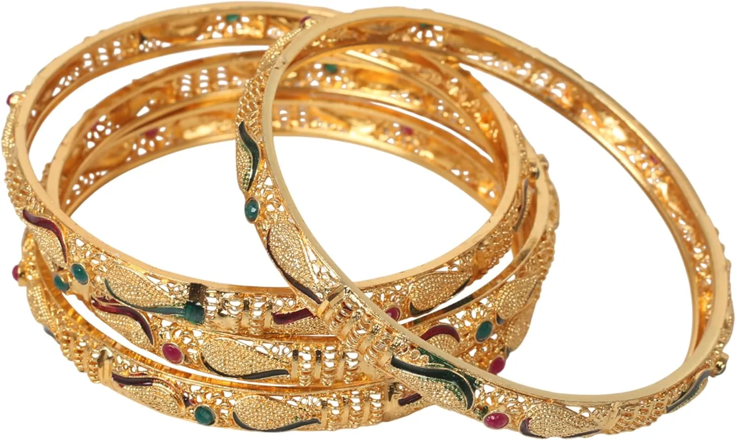 Touchstone Golden Bangle Collection Indian Bollywood Desire Beautifully Carved Conch Shell Inspired Thick Designer Jewelry Bangle Bracelets. Set of 4. in Gold Tone for Women