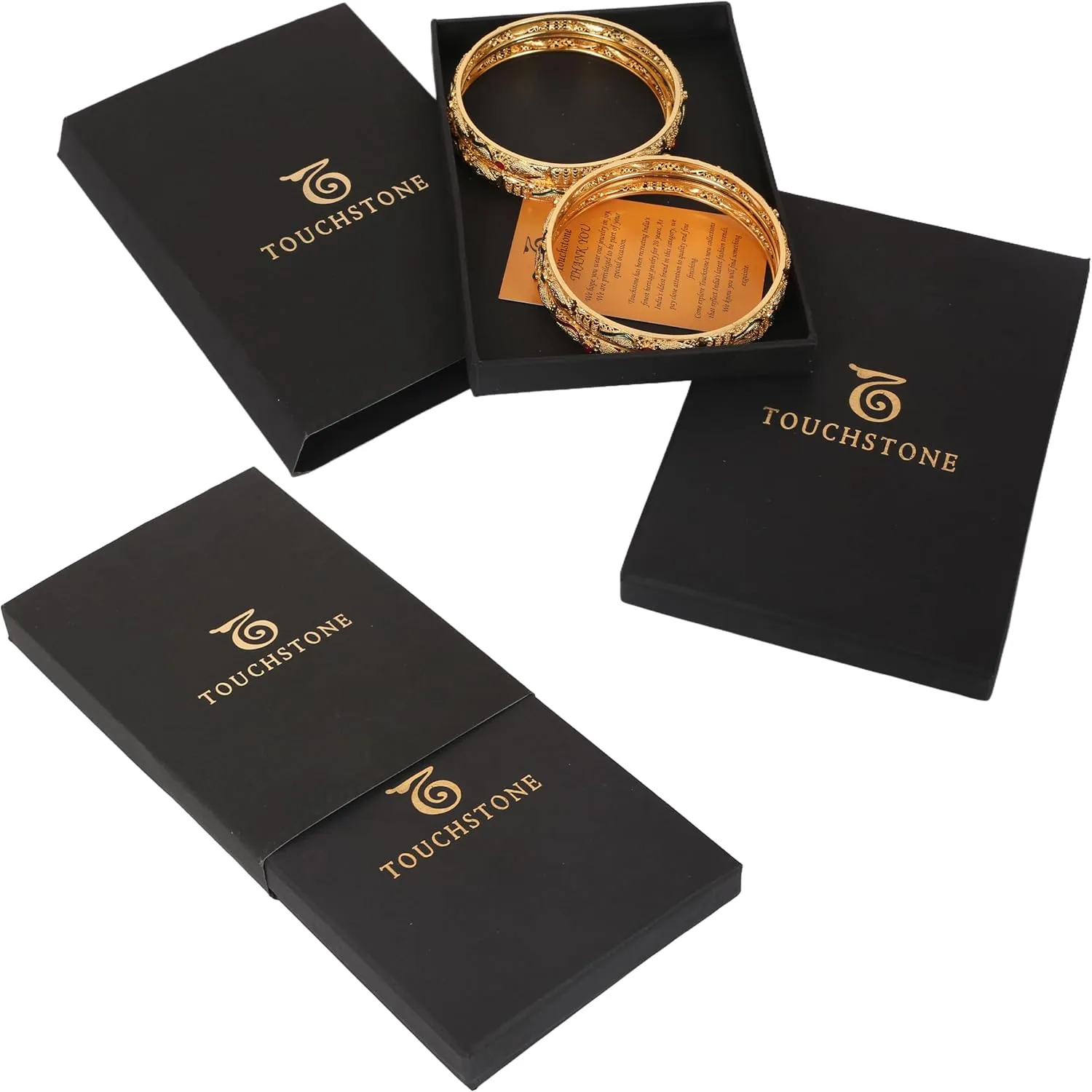 Touchstone Golden Bangle Collection Indian Bollywood Desire Beautifully Carved Conch Shell Inspired Thick Designer Jewelry Bangle Bracelets. Set of 4. in Gold Tone for Women