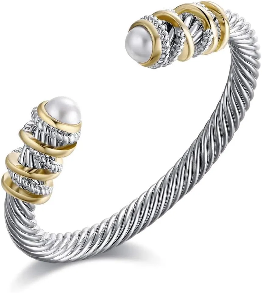 Twisted Cable Bracelet with Composite Shell Pearl 6" Antique Cuff Bracelets for Women