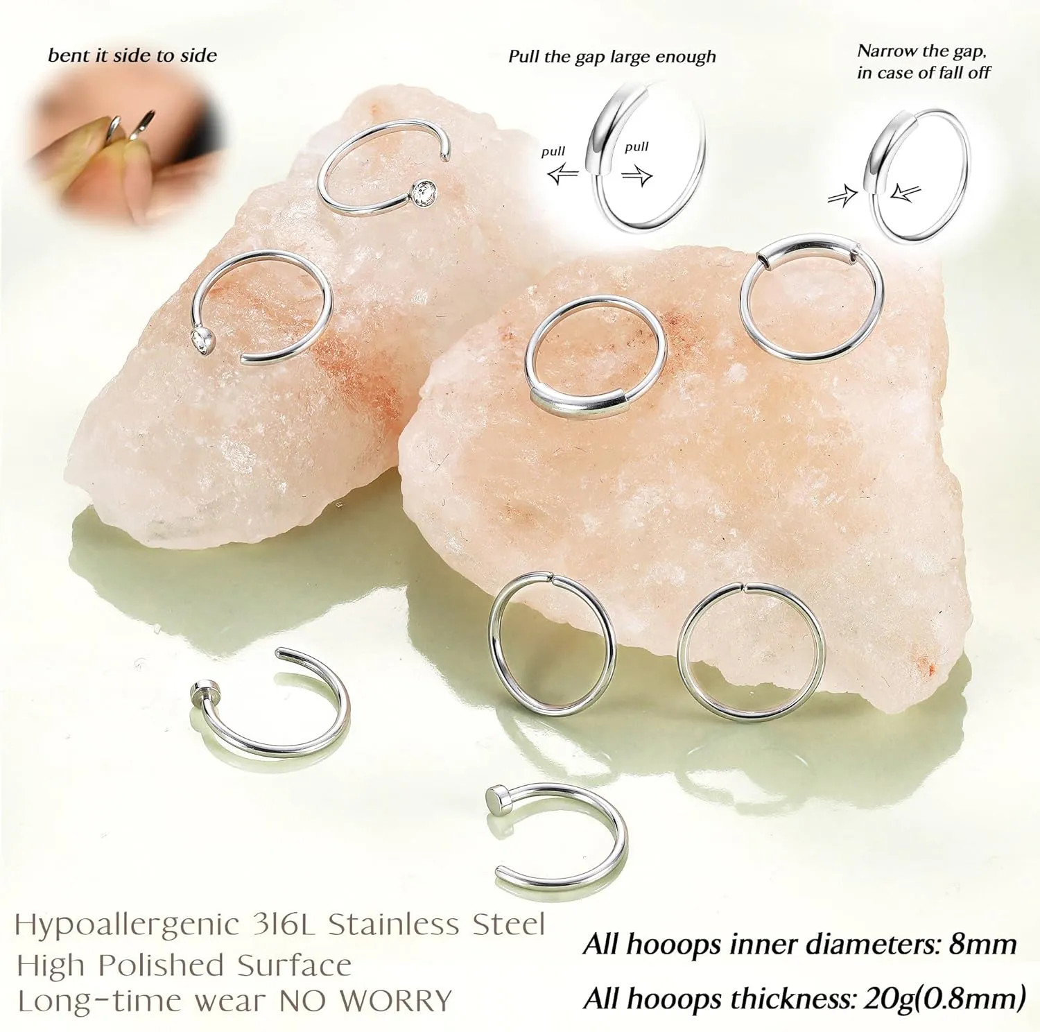 UBGICIG 22G 20G 18G Nose Rings Hoops Studs for Women 316L Surgical Steel Cork Screw Nose Rings L Shape Nostril Piercing Jewelry