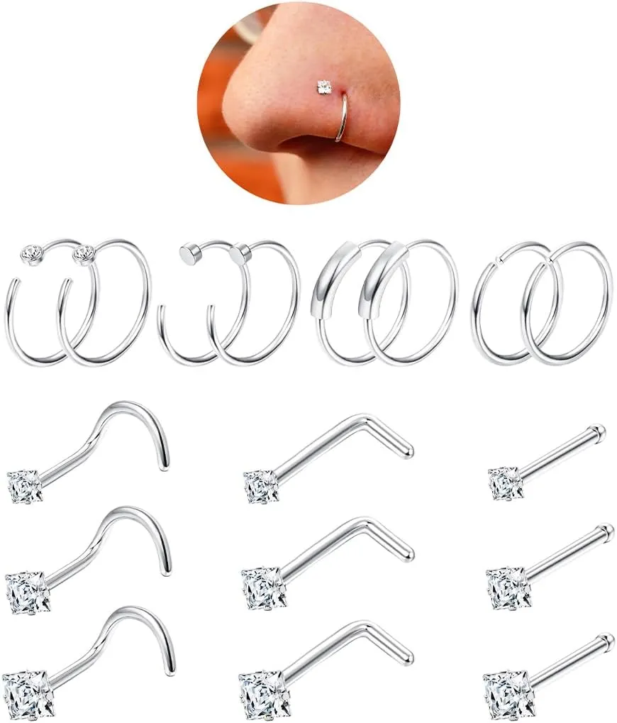 UBGICIG 22G 20G 18G Nose Rings Hoops Studs for Women 316L Surgical Steel Cork Screw Nose Rings L Shape Nostril Piercing Jewelry