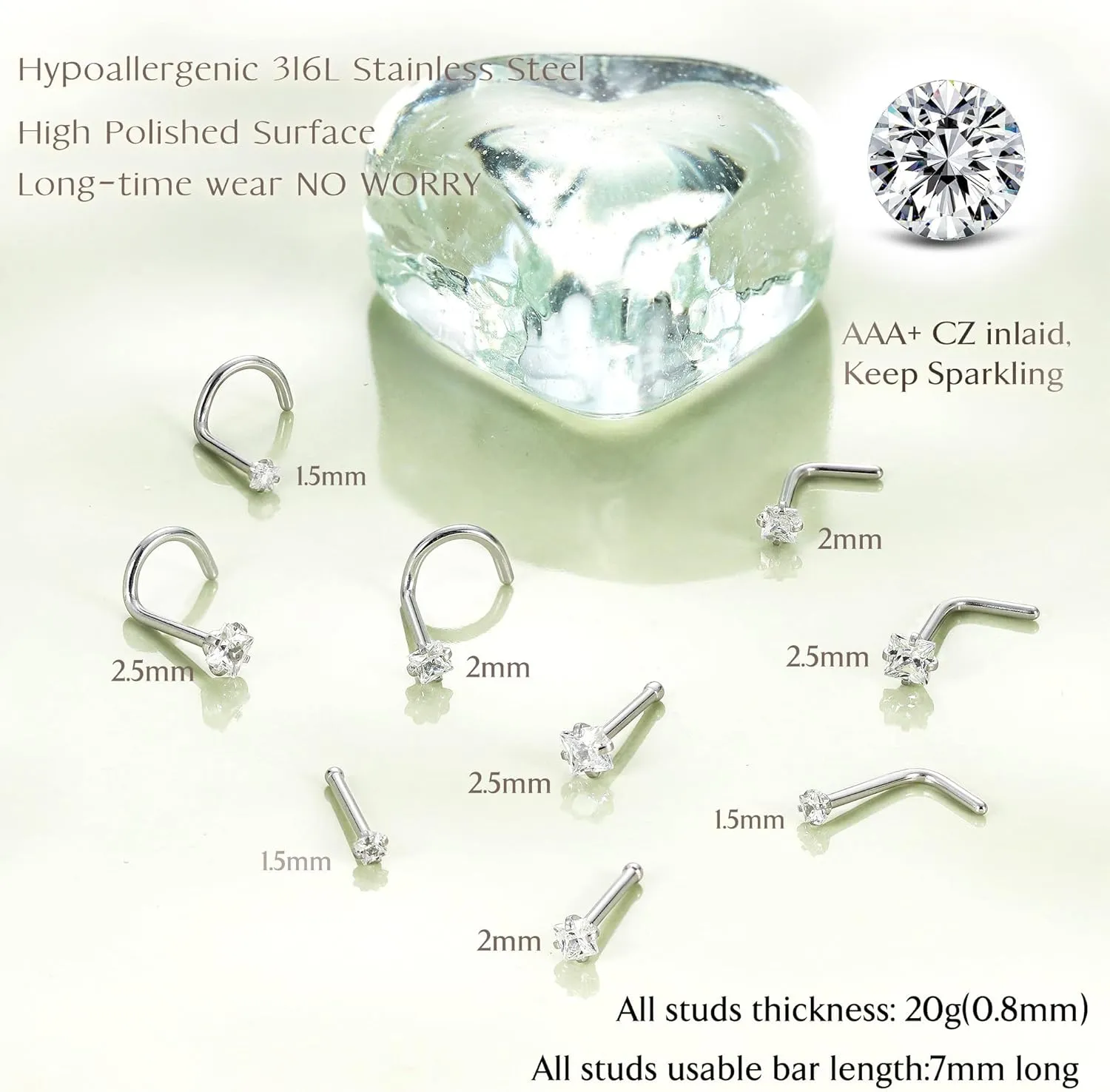 UBGICIG 22G 20G 18G Nose Rings Hoops Studs for Women 316L Surgical Steel Cork Screw Nose Rings L Shape Nostril Piercing Jewelry