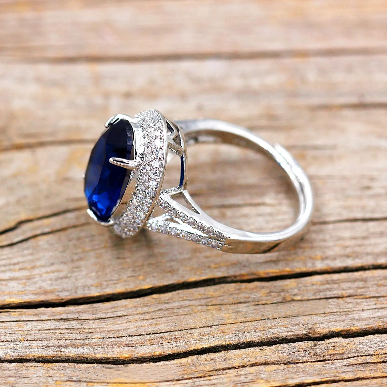 Uloveido Adjustable Platinum Plated Crystal Rings, Big Oval Cubic Zirconia Ring, Solitaire Split Shank Rings Birthstone Jewelry Gifts Y927