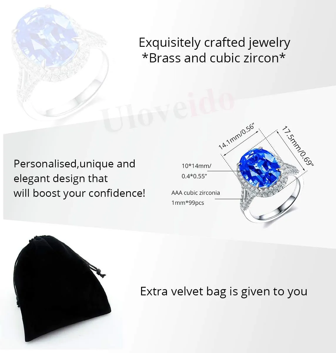 Uloveido Adjustable Platinum Plated Crystal Rings, Big Oval Cubic Zirconia Ring, Solitaire Split Shank Rings Birthstone Jewelry Gifts Y927