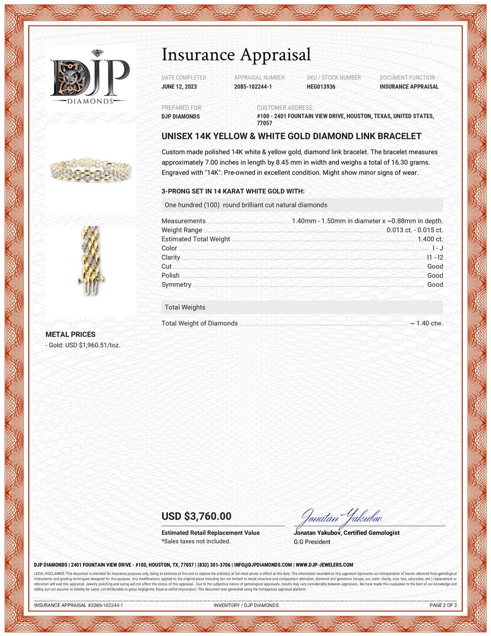 Unisex 14K Yellow & White Gold Diamond Link Bracelet