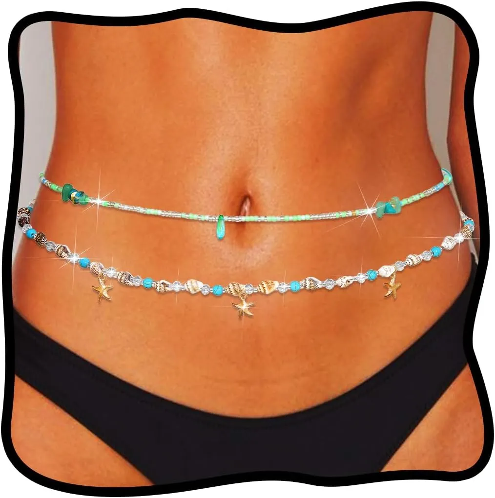 Urieo Bead Waist Chain Shell Blue Body Jewelry Starfish Layered Belly Chains for WomenPack of 2)
