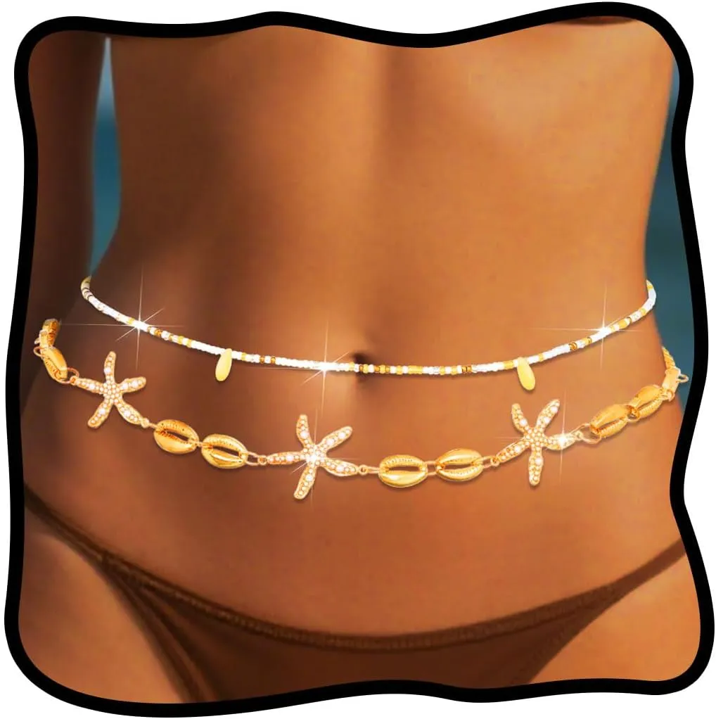 Urieo Bead Waist Chain Shell Gold Body Jewelry Starfish Layered Belly Chains for Women(Pack of 2)