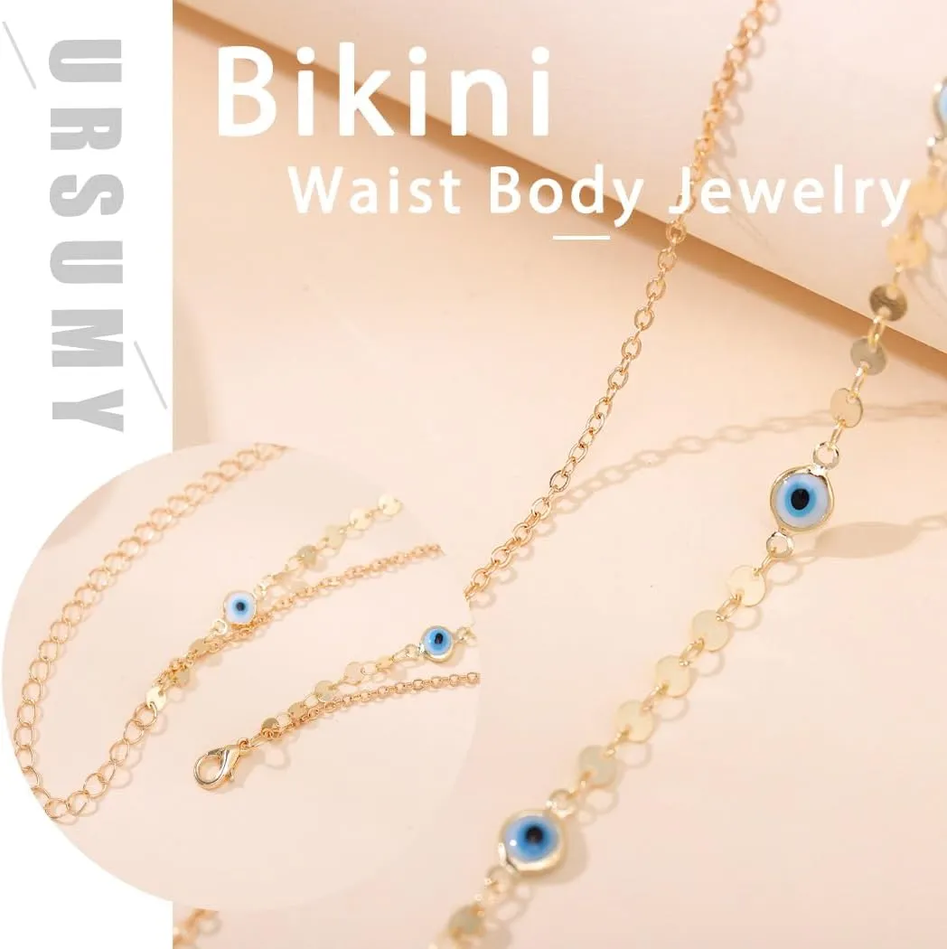 Ursumy Gold Body Chain Dainty Layered Waist Chains Sequins Belly Chain Belt Cross Bikini Waist Body Jewelry for Women