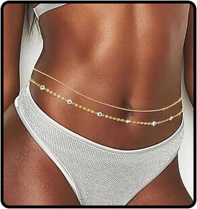 Ursumy Gold Body Chain Dainty Layered Waist Chains Sequins Belly Chain Belt Cross Bikini Waist Body Jewelry for Women