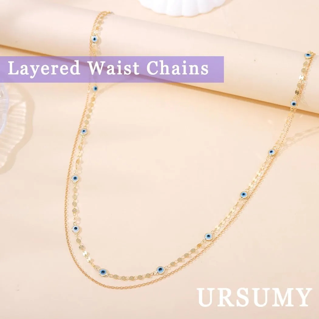 Ursumy Gold Body Chain Dainty Layered Waist Chains Sequins Belly Chain Belt Cross Bikini Waist Body Jewelry for Women