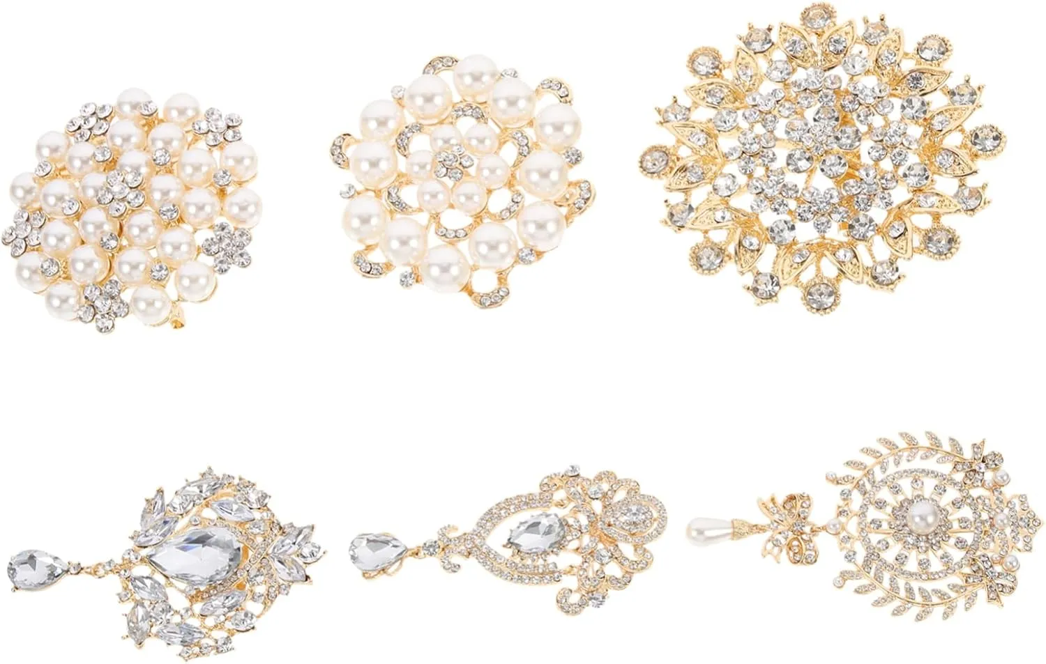 Versatile Rhinestone Pearl Flower Brooch 6pcs Set for Corsage and Boutonniere Wedding Party Accessory