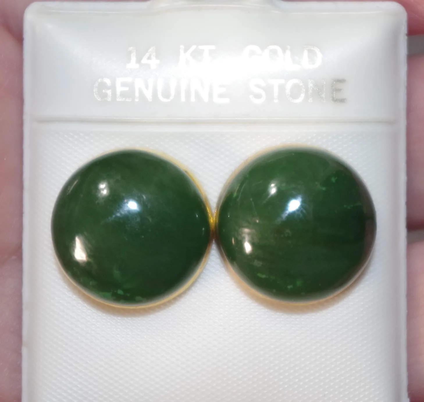 Vintage Green Jadeite Jade Round Dome 15 MM Stud Earrings 14K Gold Filled Bezel Set